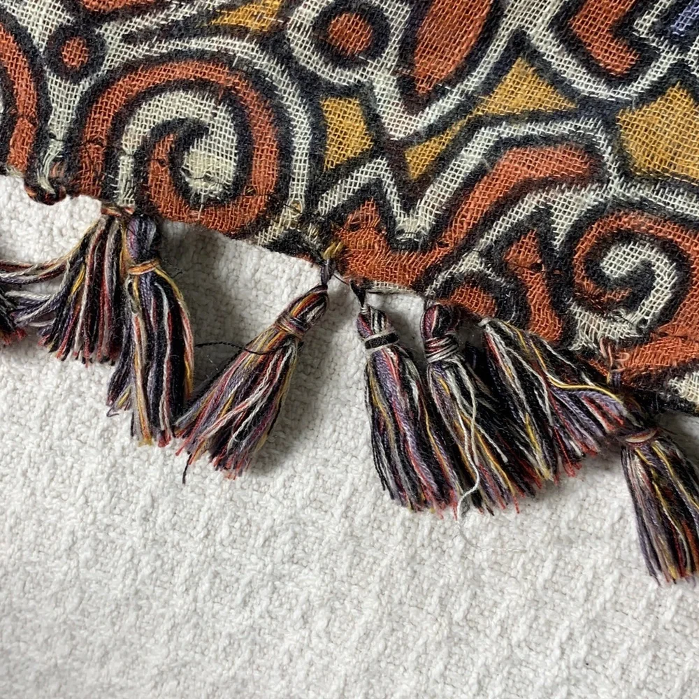 J McLaughlin tribal print scarf black, cream, yellow, blue, and rust